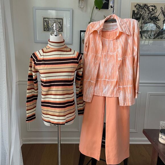 Vintage 70s 4pc Mix Match Set Pants Tank Shirt Turtleneck XS - Picture 1 of 13